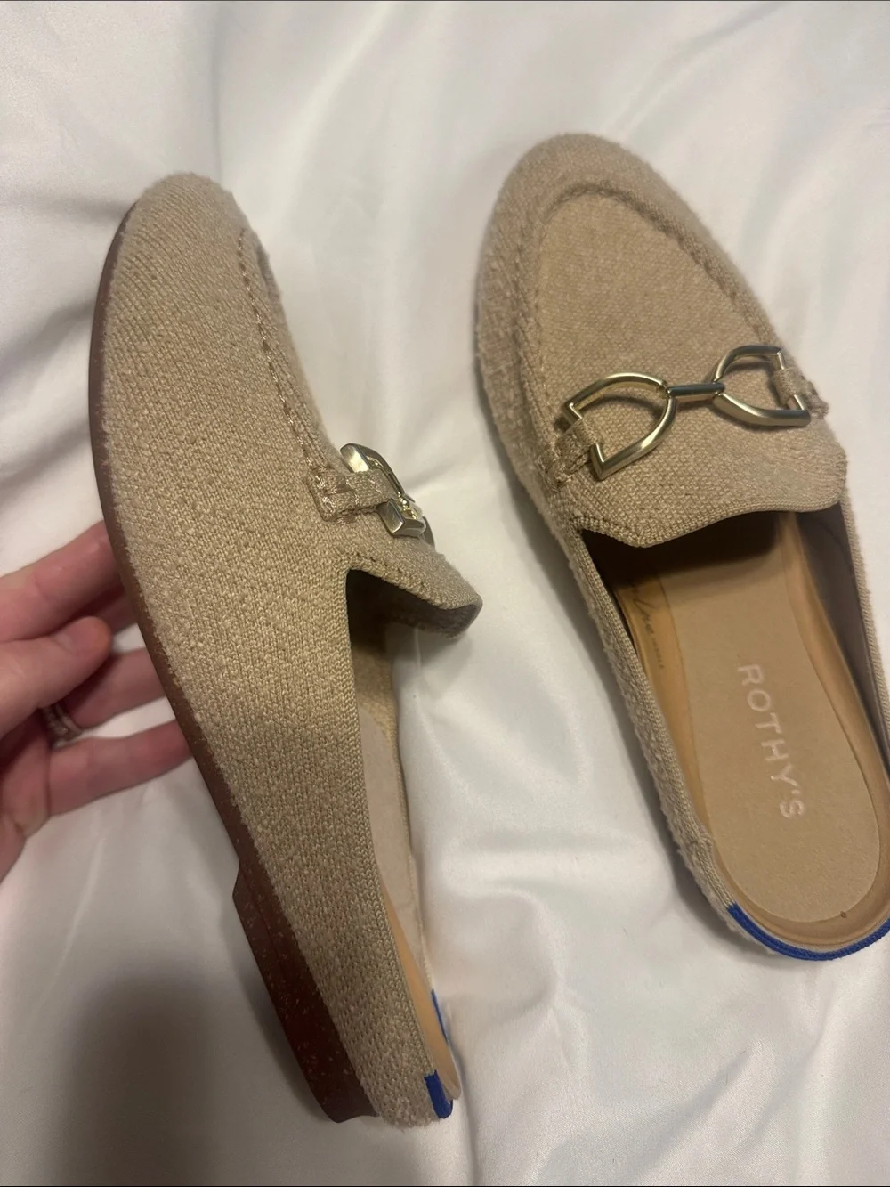 Rothy's Beige Knit Loafer Mule with Gold Hardware